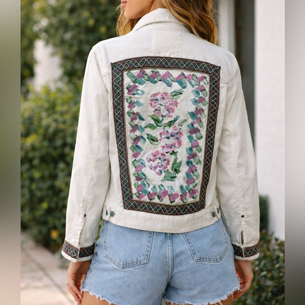 White Denim Jacket Custom Floral Design Painted Back SZ L